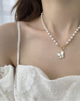 Vintage French Pearl Butterfly Pendant Necklace Clavicle Chain