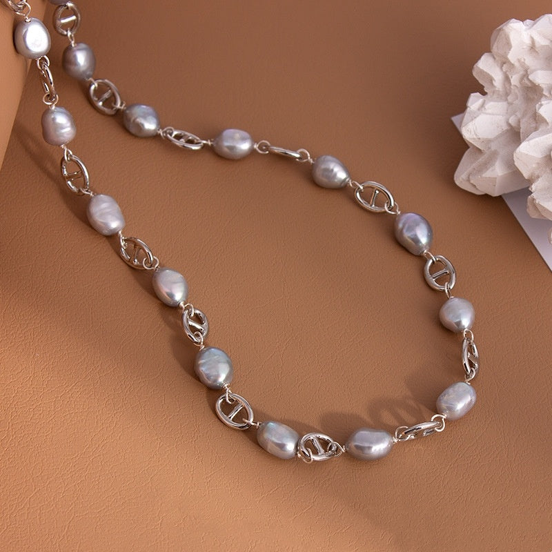 Natural Freshwater Gray Baroque Pig Nose Pearl Necklace